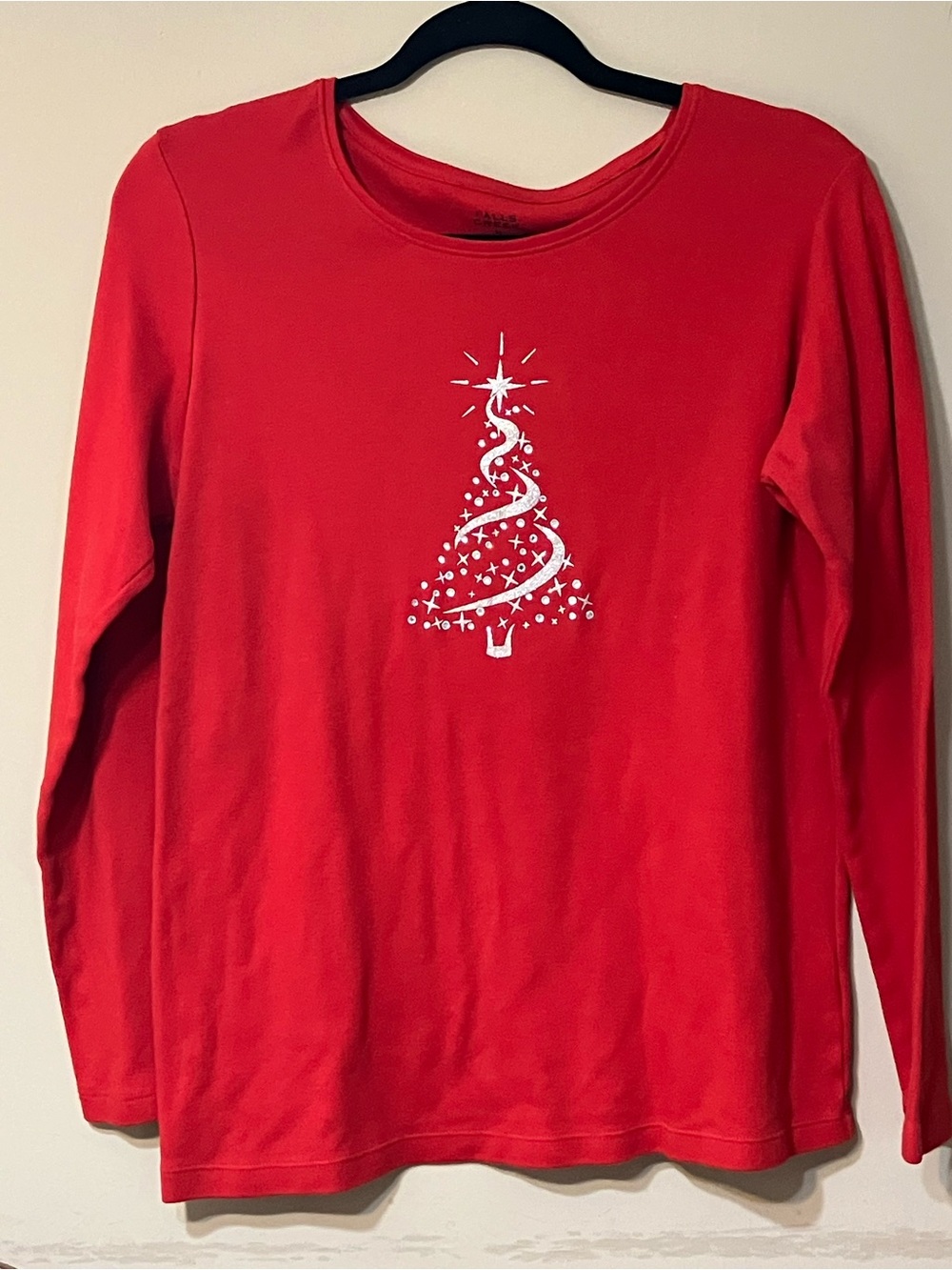 Falls Creek Red Long-Sleeve Tee with White Christmas Tree Graphic
